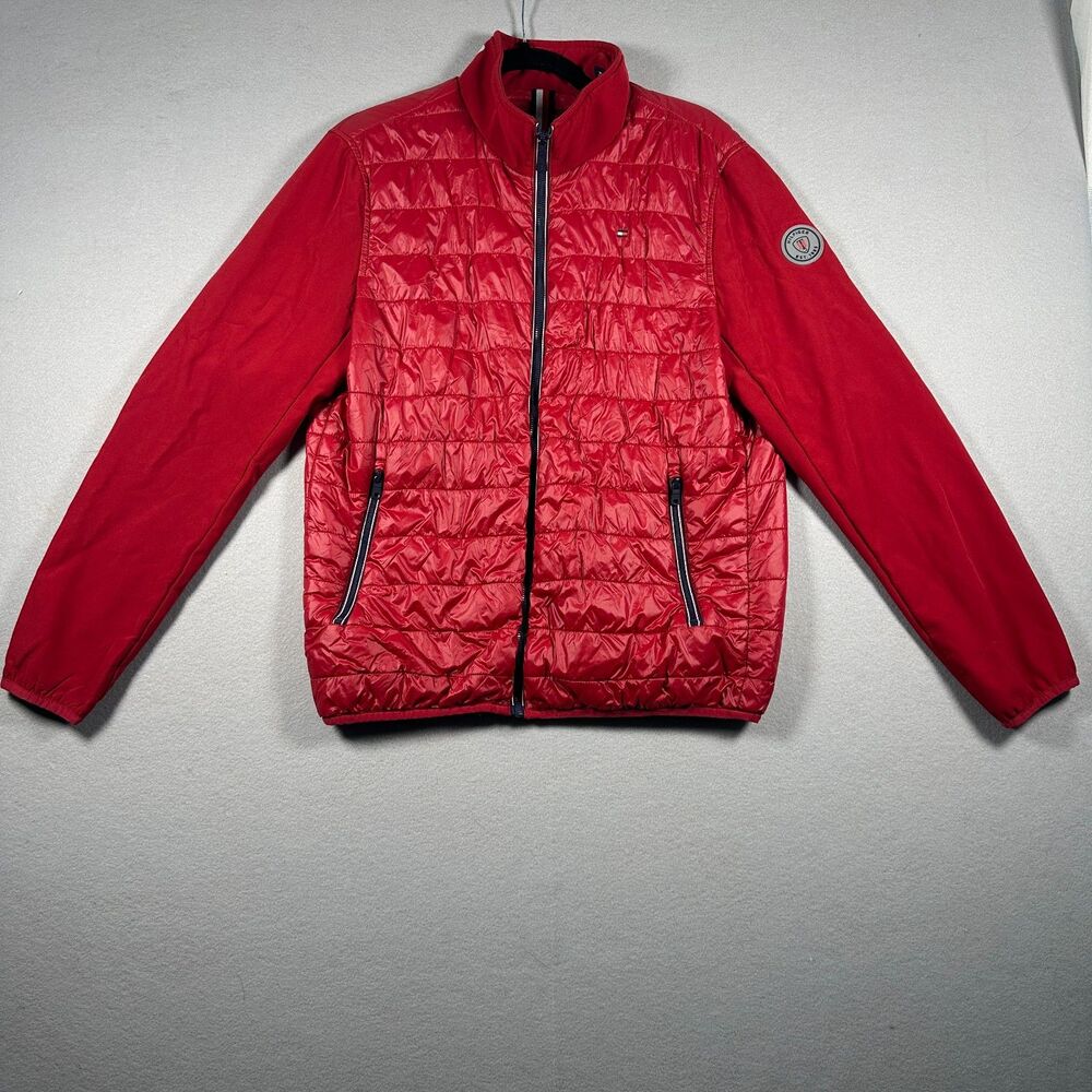 Tommy Hilfiger Men Mixed Media Puffer Jacket Red Performance Sleeve Coat Medium